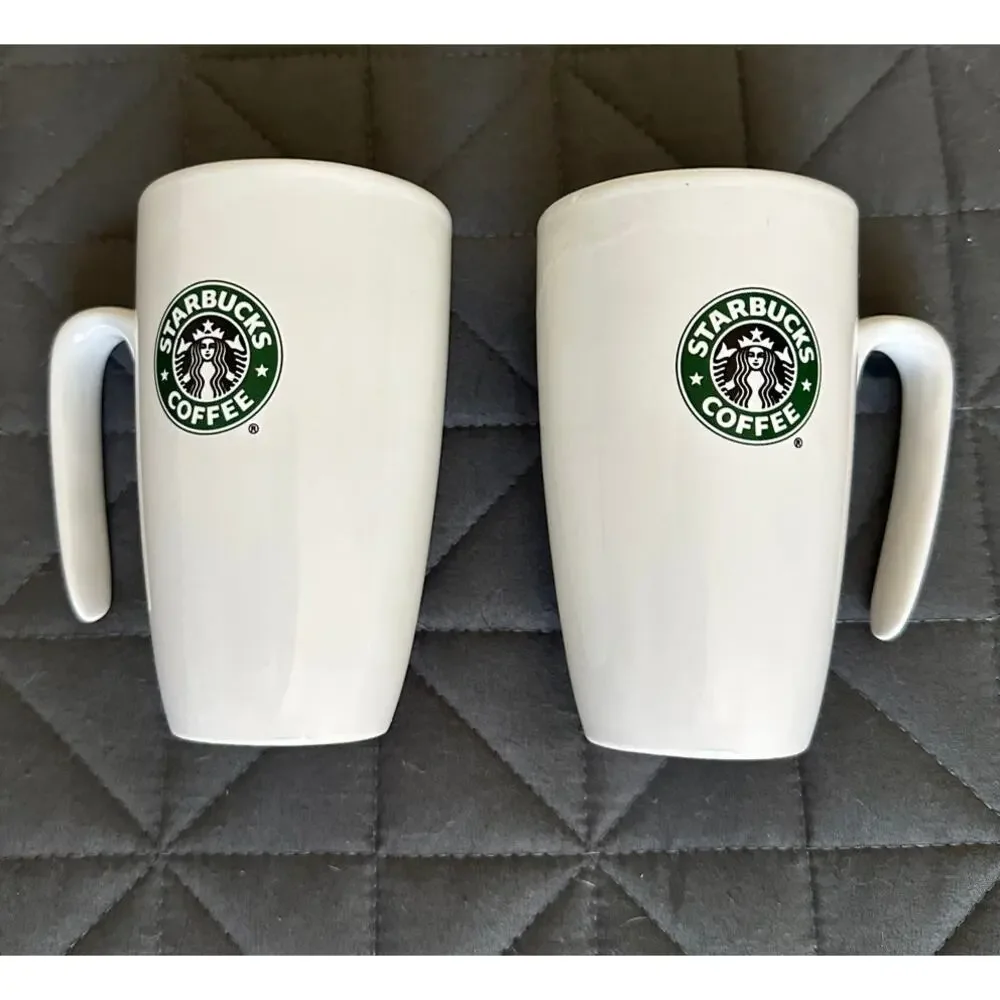 Starbucks Mermaid Logo White Coffee Cups 2007 Open Handle 9oz set of 2